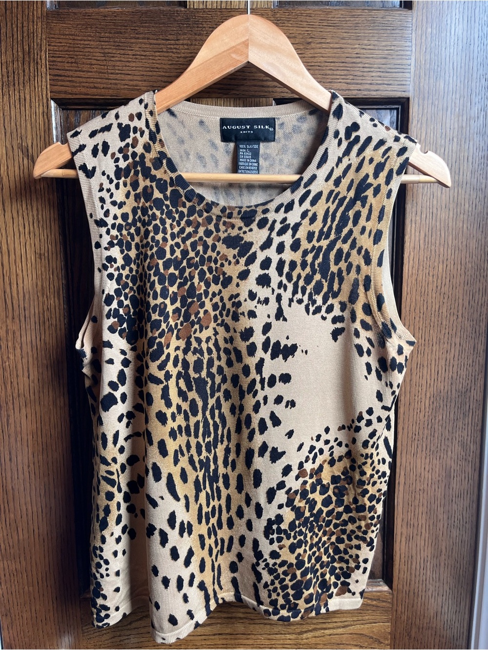 August Silk Vintage Leopard Print Sleeveless Sweater 100% silk